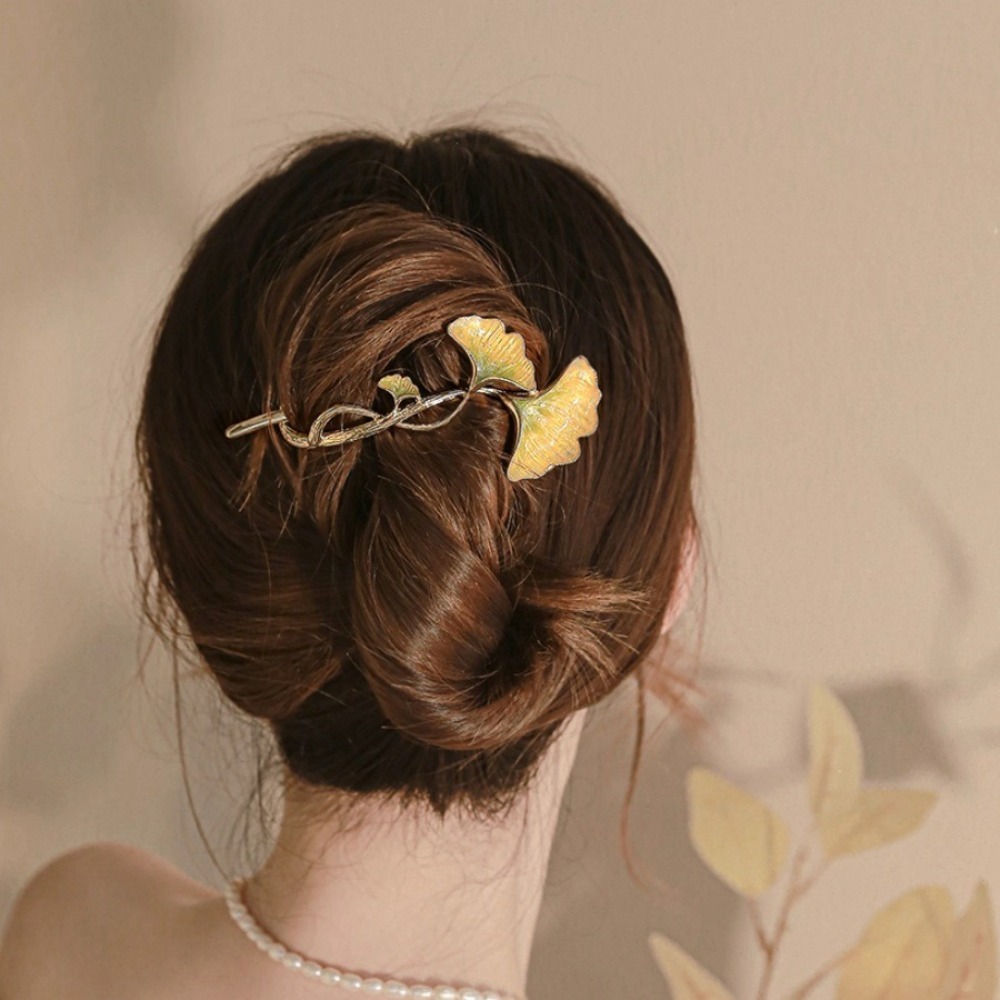 Ethnic Fashion Accessories - 1pc ファッション繊細なイチョウの葉のヘアピンエナメル金属枝デザイン自由奔放に生きるスタイル自然に見えるエレガントなヘアアクセサリー