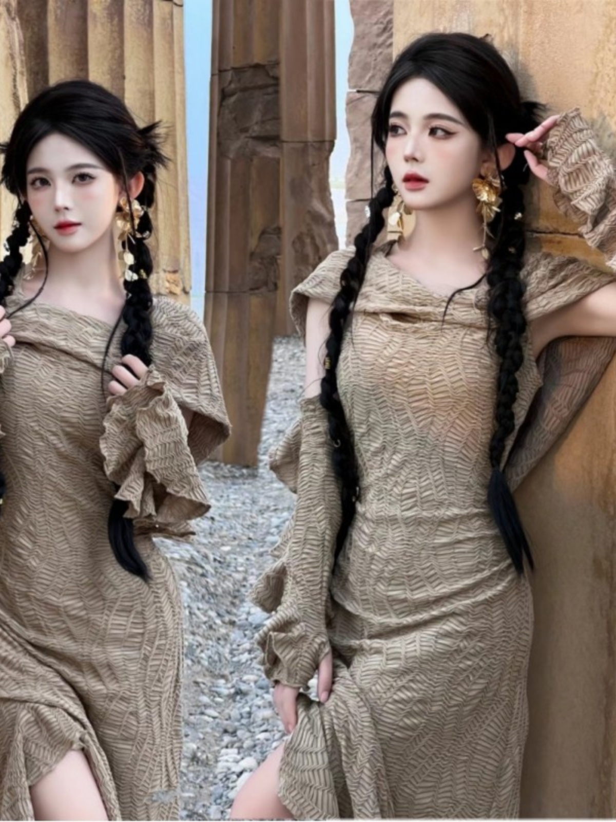 Ethnic Style Dresses - 砂漠テーマのロングドレス女性のファッションエスニックスタイル旅行写真撮影セットスパイシーガール服ステージパフォーマンス衣装
