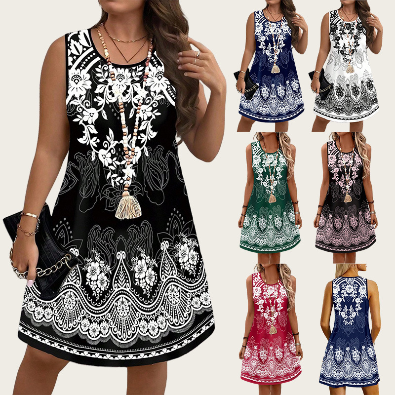 Ethnic Style Dresses - エスニックスタイルヴィンテージドレス 2026 夏の女性のドレスプラスサイズサンドレスカジュアルタンクドレスビーチフラワー 3D プリントドレス 6XL