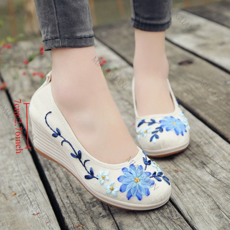 Ethnic Fashion For Ladies - 刺繍入り女性用コンフォートウェッジプラットフォームシューズ、ファッションボウノットレディースハイヒールパンプス、ヴィンテージエスニック女性用ヒール付きフットウェア