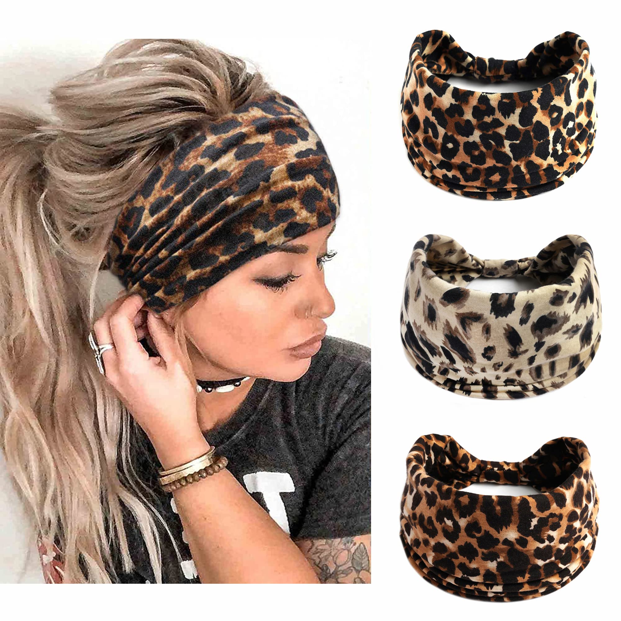 Ethnic Fashion Accessories - ヒョウ柄ヘッドバンド女性のためのワイド自由奔放に生きるターバンヘッドラップ綿結び目弾性ヘアバンドノンスリップワークアウトヘアアクセサリー