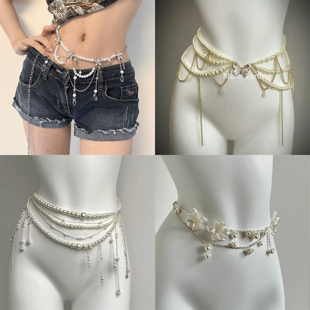 Ethnic Fashion Accessories - ファッションエレガントなパールウエストチェーンウエストアクセサリー多用途フローラルベリーチェーンボヘミアンヒップチェーン女性用