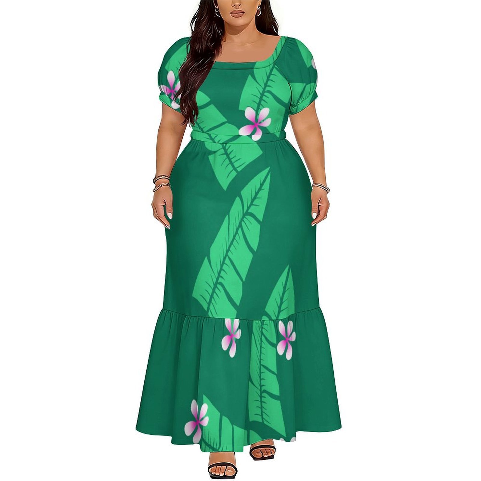 Ethnic Style Dresses - ポリネシア・サモア島風の快適な女性用半袖ハイウエストロングドレス、床丈のイブニングガウン