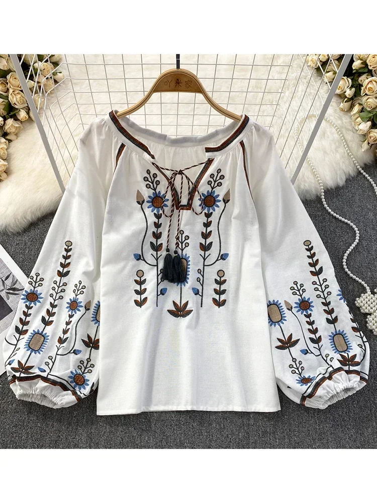 女性春ブラウスエスニックスタイルレトロ文学ルーズ刺繍コットン - Ethnic Fashion Clothing のレビューと価格