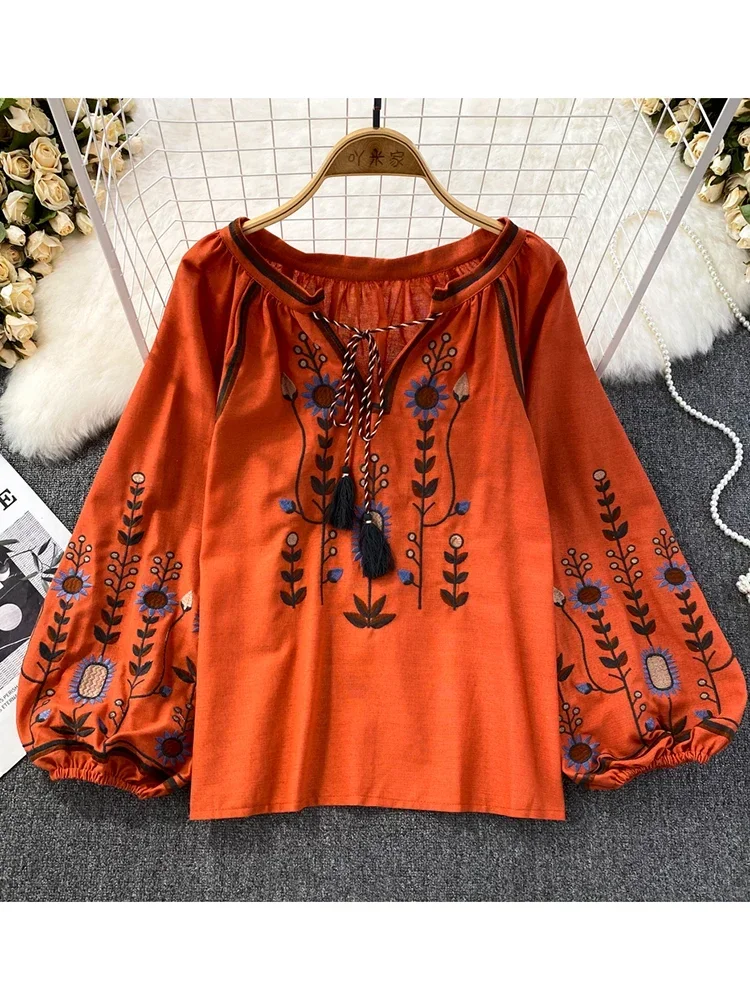 女性春ブラウスエスニックスタイルレトロ文学ルーズ刺繍コットン - Ethnic Fashion Clothing のレビューと価格