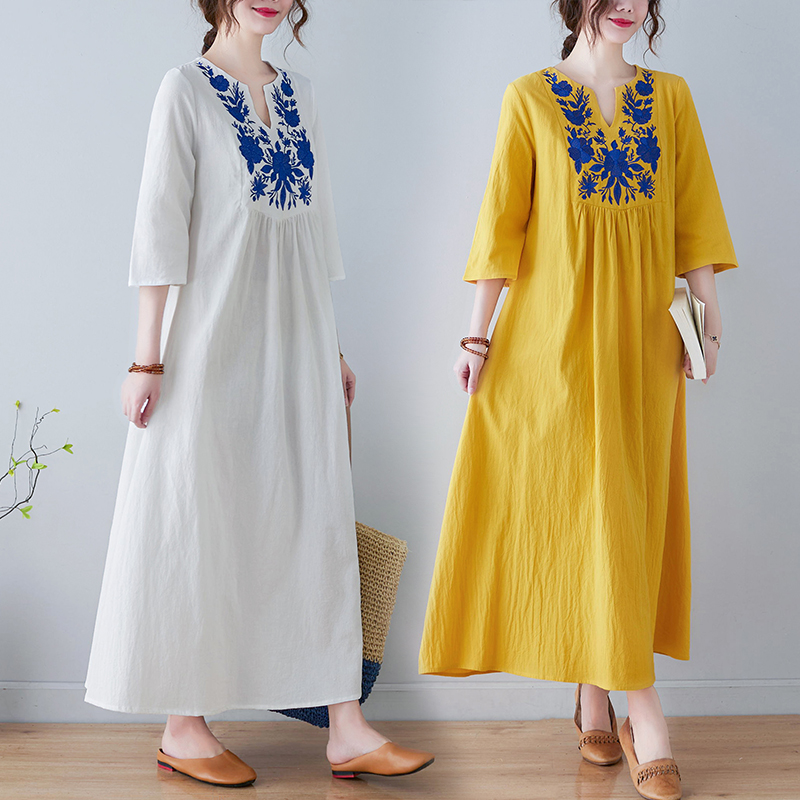 新しいエスニックスタイルルーズディープ V ネックミディコッ - Ethnic Style Dresses のレビューと価格