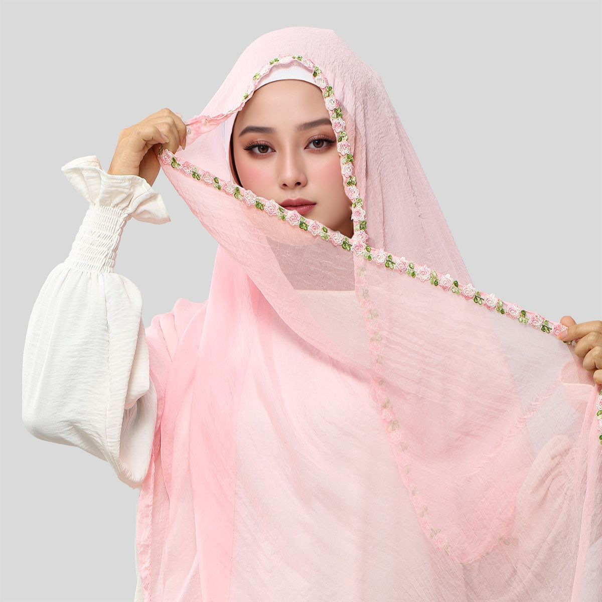 新しいローズ刺繍ソリッドカラーシフォンロングスカーフ女性のた - Ethnic Fashion For Ladies のレビューと価格