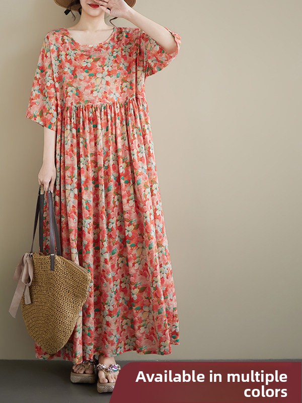 夏の新作プラスサイズラウンドネック半袖ルーズコットンリネンマ - Ethnic Style Dresses のレビューと価格