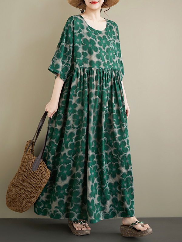 夏の新作プラスサイズラウンドネック半袖ルーズコットンリネンマ - Ethnic Style Dresses のレビューと価格