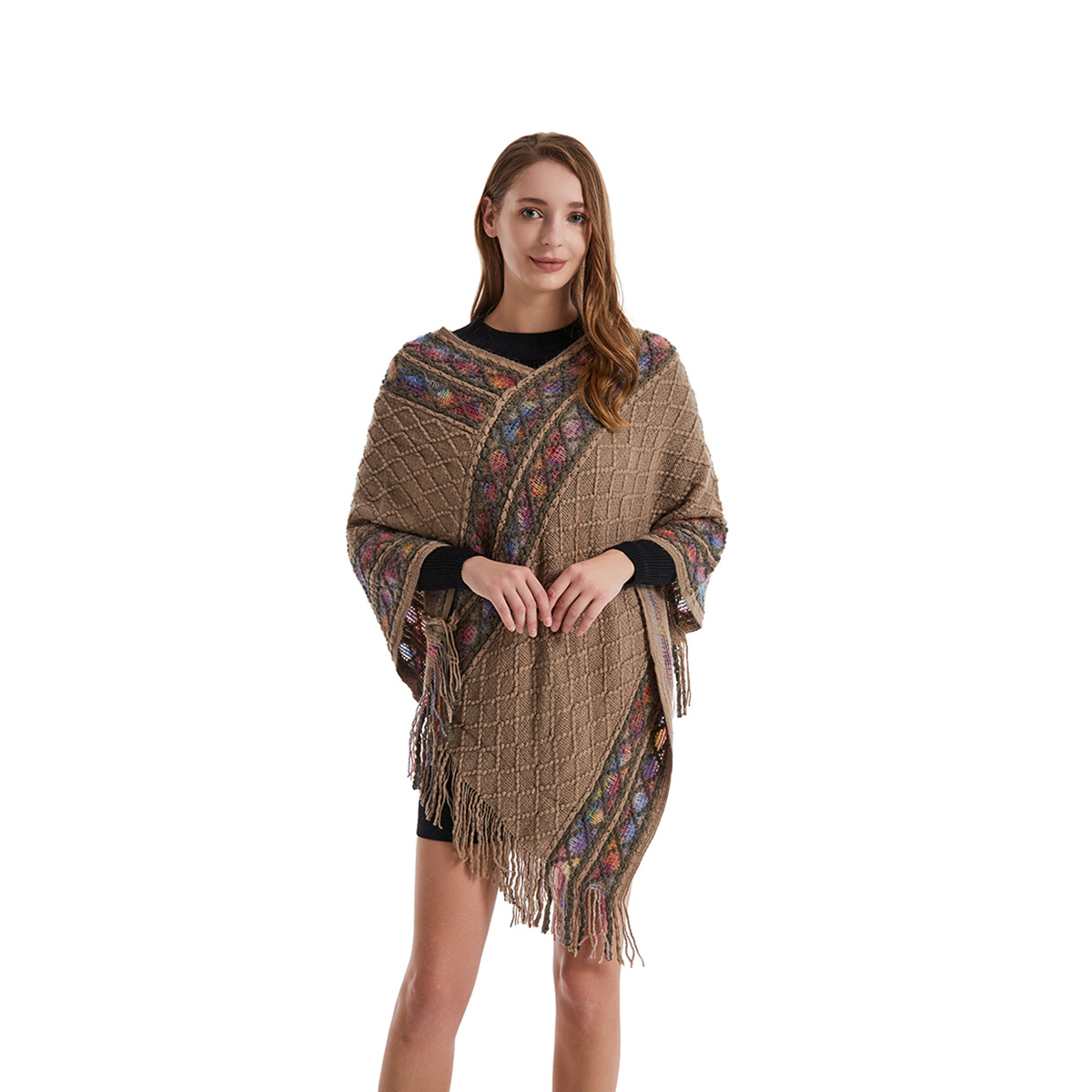 タッセル付きの女性用双方向ニットポンチョ、ユニークなヴィンテ - Ethnic Fashion For Ladies のレビューと価格